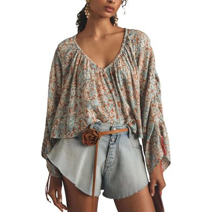 Boho Bloom Lace-Up Floral Blouse