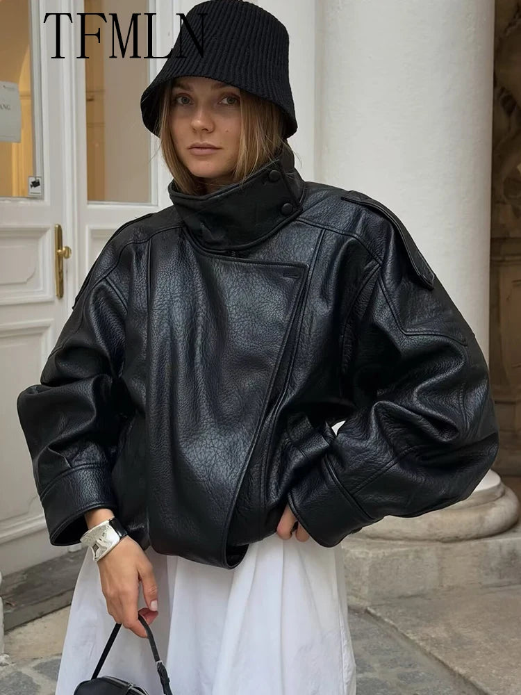 Women’s Faux Leather Loose Jacket – Zipper Coat