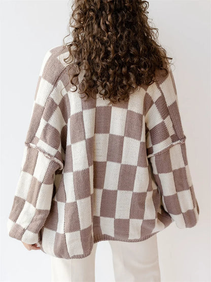 Plaid Ease Oversized Open Front Cardigan