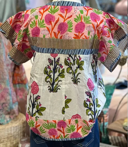 Floral Splice V Neck Casual Tee