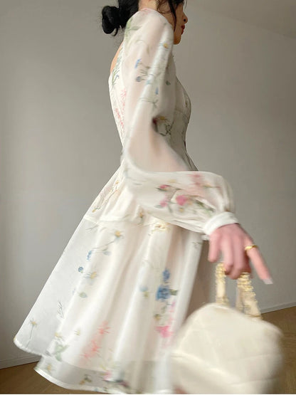 Vintage Square Neck Floral Dress