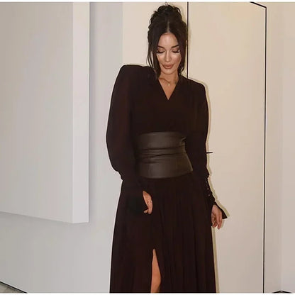 Elegant Waist-Cinch V-Neck Maxi Dress