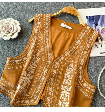 Retro Khaki Embroidered Travel Vest