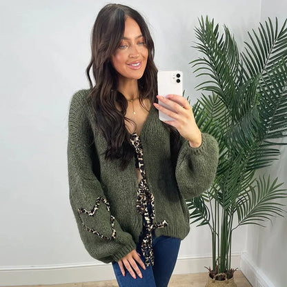 Leopard Lace-Up V-Neck Cardigan