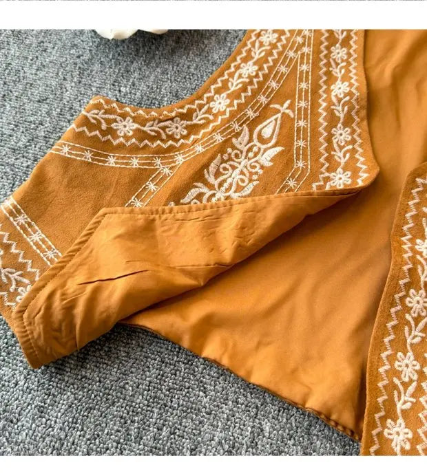 Retro Khaki Embroidered Travel Vest