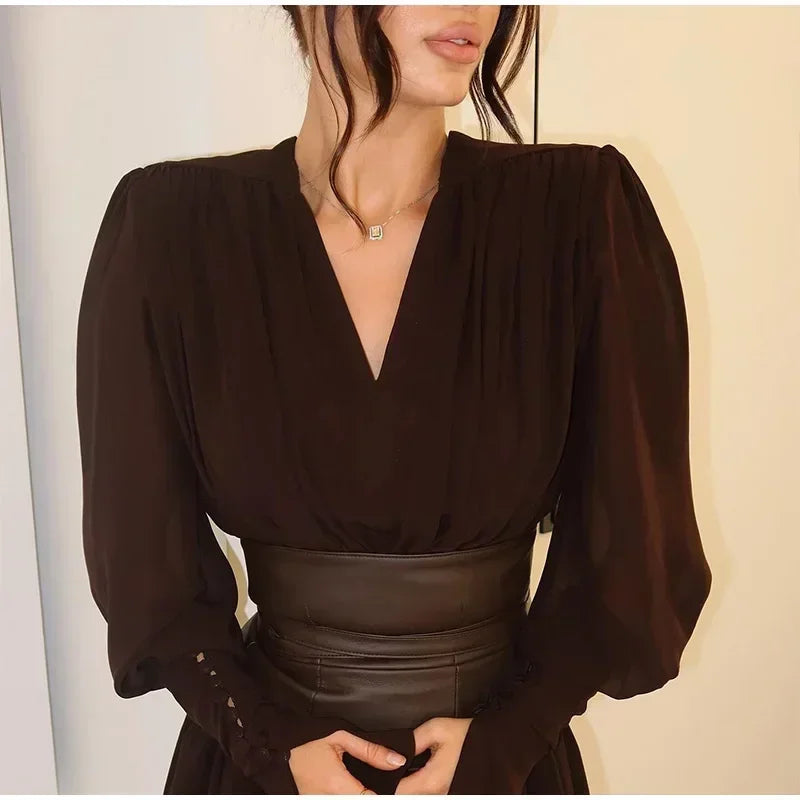 Elegant Waist-Cinch V-Neck Maxi Dress