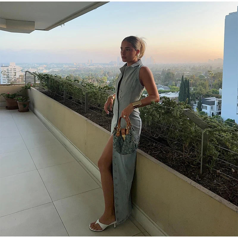 Urban Edge Denim Slit Maxi Dress