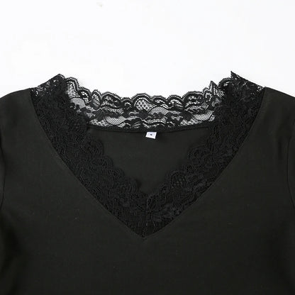 Lace Edge Slim V-Neck Long Sleeve Tee