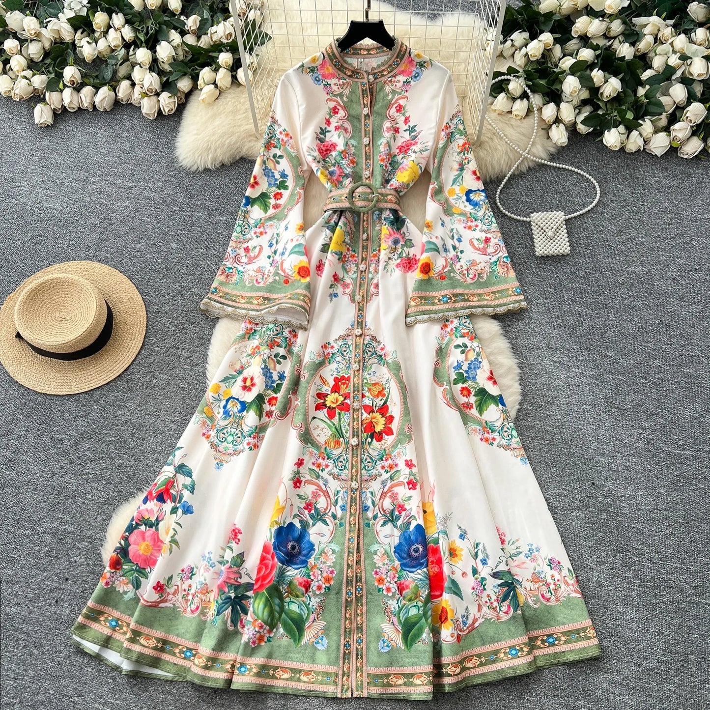 Royal Bloom Cinched Waist Maxi Dress