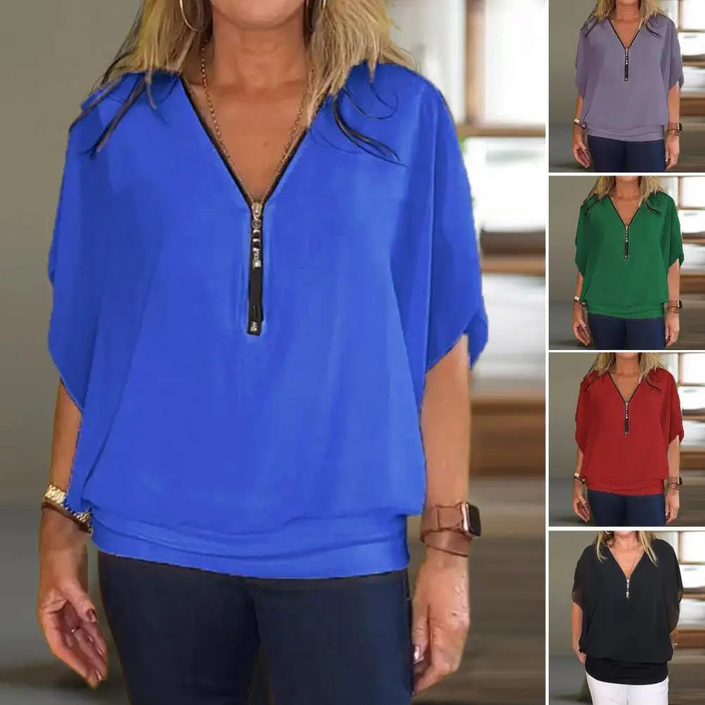 Chiffon V-Neck Batwing Blouse
