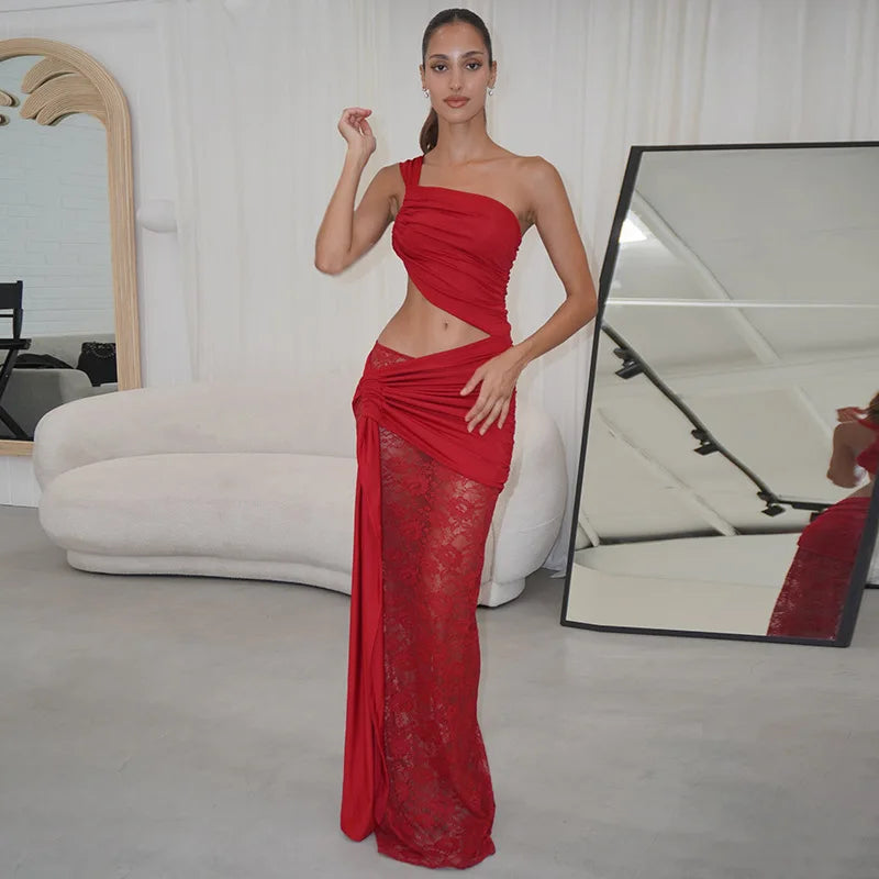 Elegant One-Shoulder Lace Evening Dress