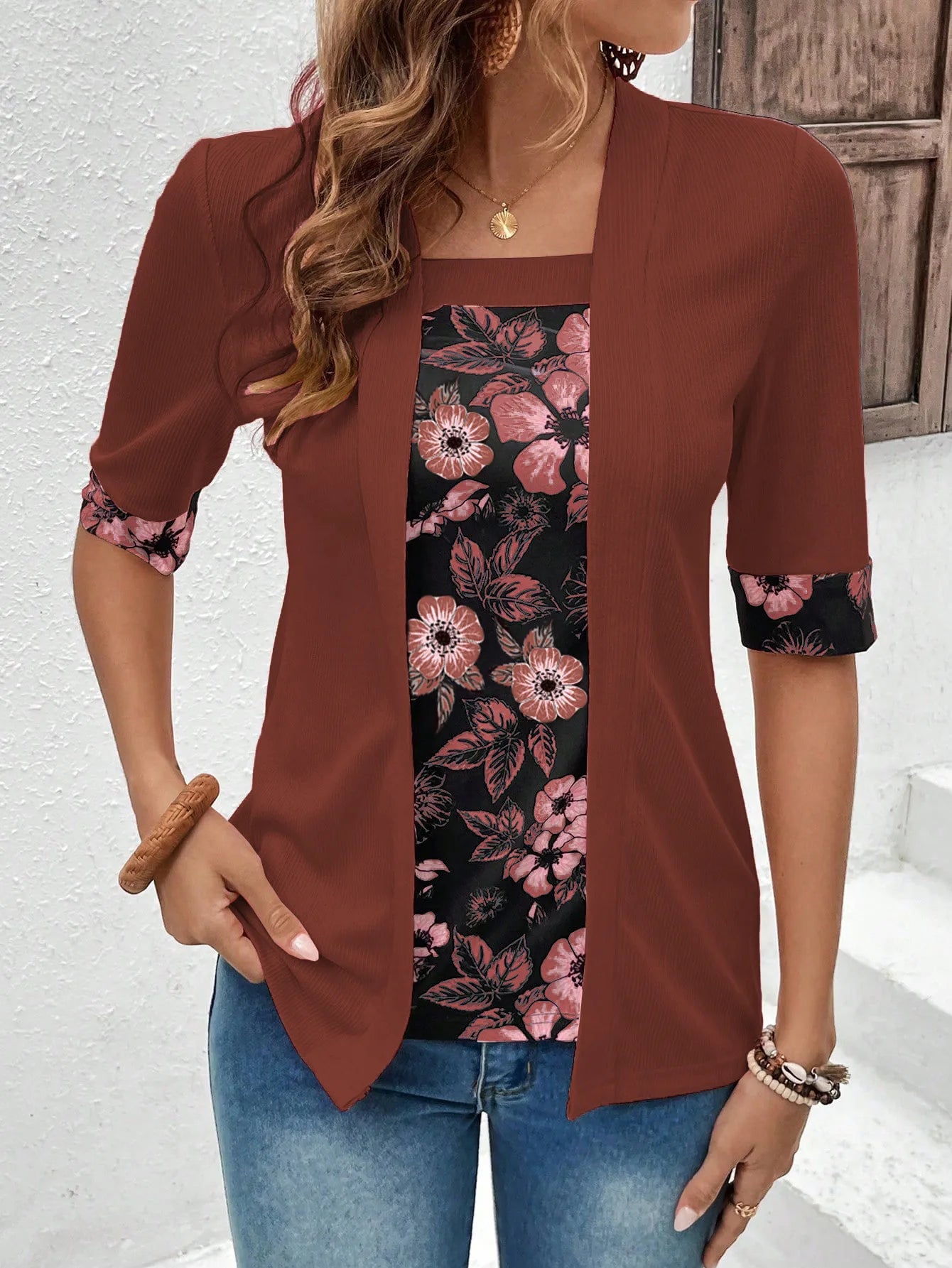 Layered Bloom Splice Casual Top