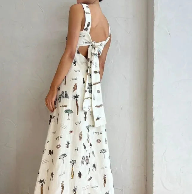 Graffiti Glam Backless Lace-Up Maxi Dress