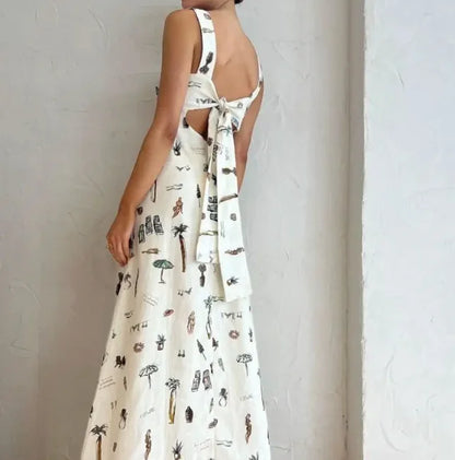 Graffiti Glam Backless Lace-Up Maxi Dress