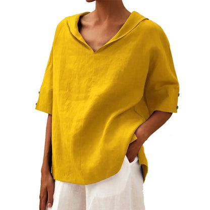 Solid Cotton Linen Hooded Blouse