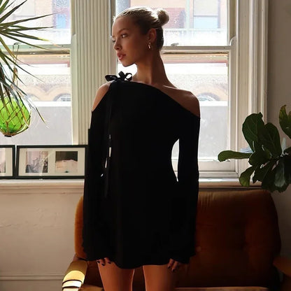 Autumn Slant Collar Dress — Stylish Full Sleeve Mini
