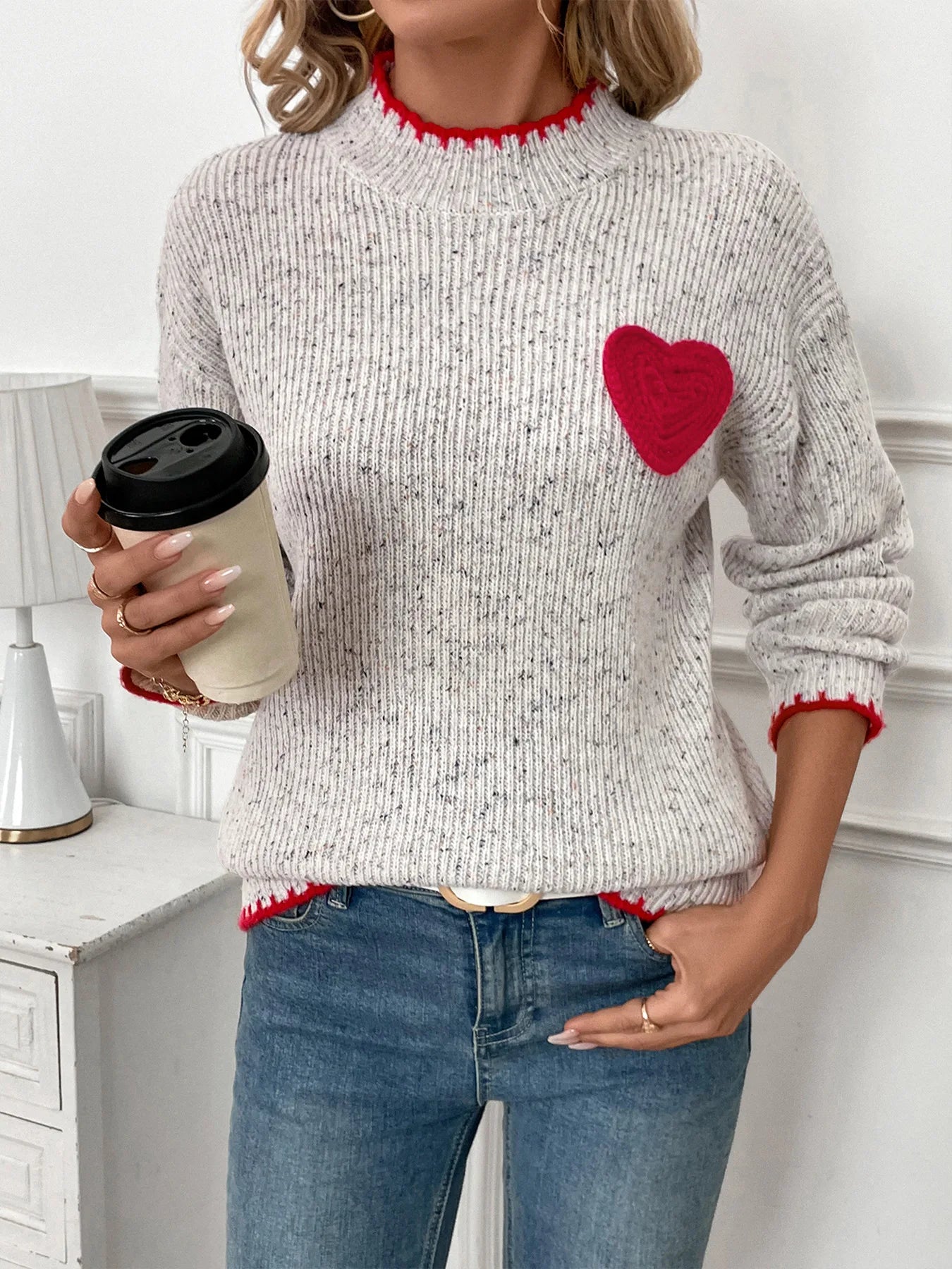 Cozy Heart Half-Turtleneck Sweater