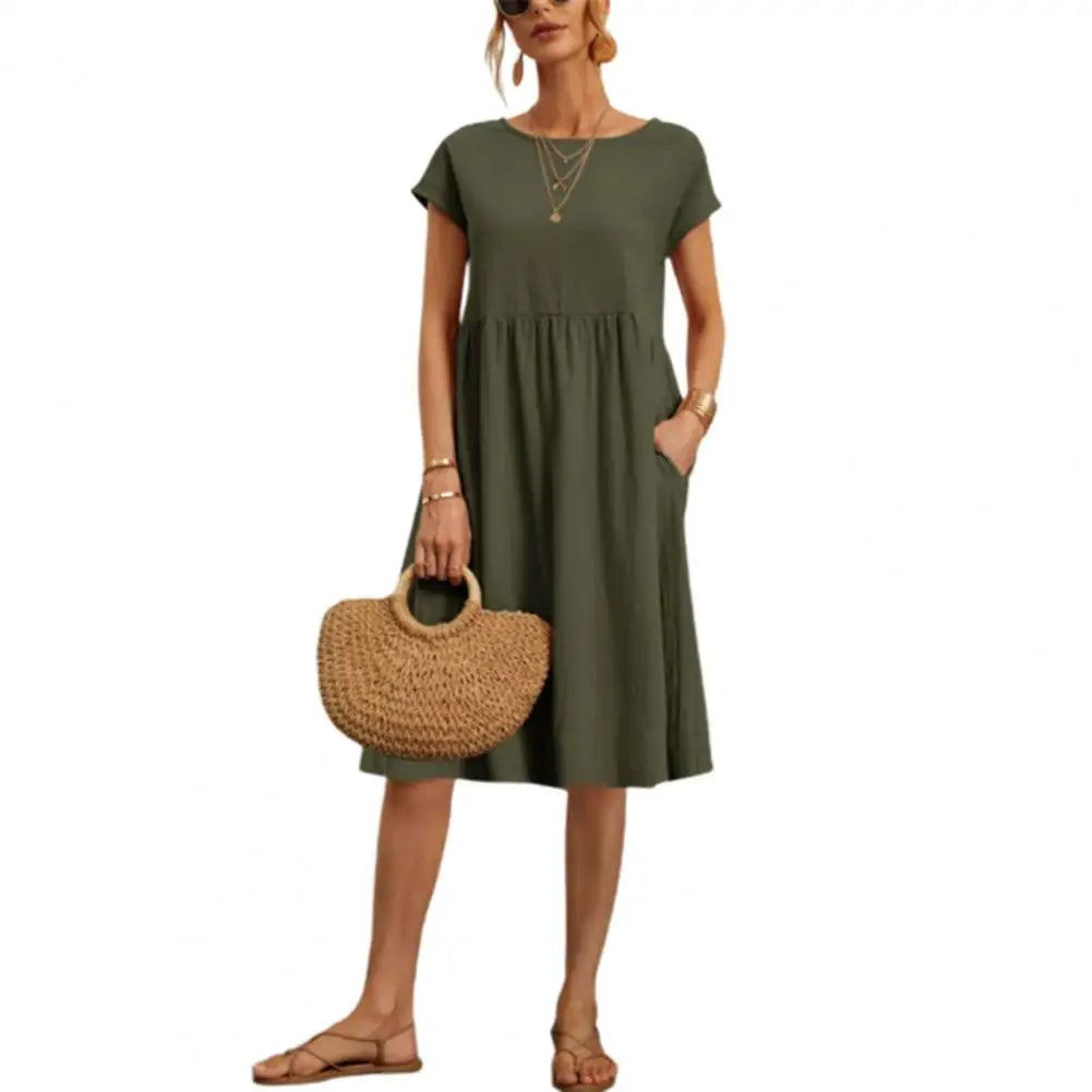 Women’s Vintage O-Neck Casual Summer Dress with Pockets