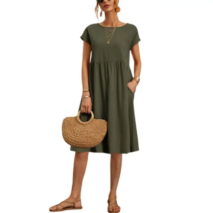 Women’s Vintage O-Neck Casual Summer Dress with Pockets