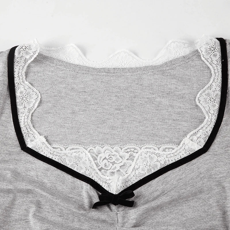 Bow Lace Square Neck Patchwork Top