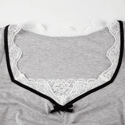 Bow Lace Square Neck Patchwork Top