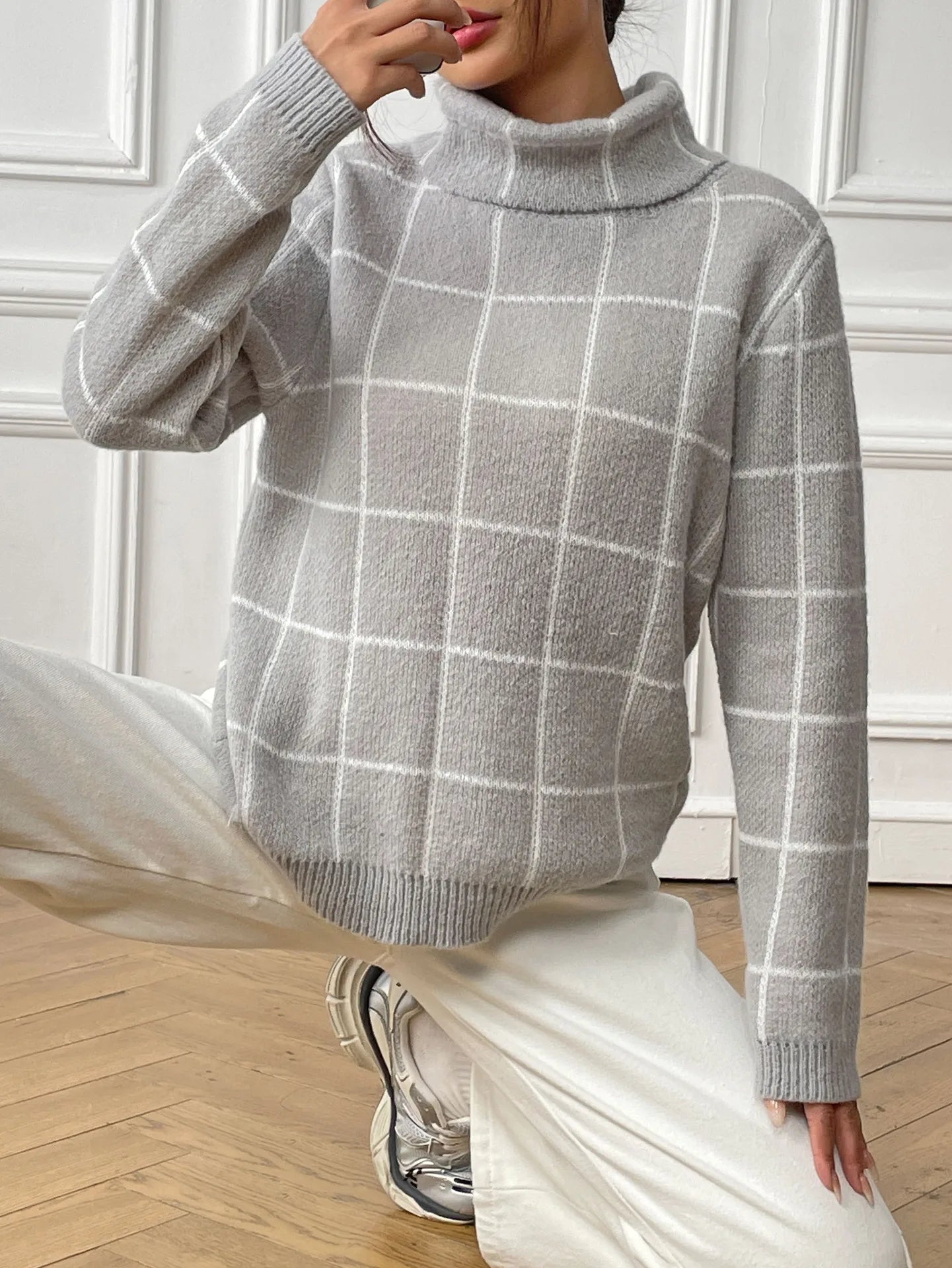Plaid Muse Turtleneck Knit Sweater