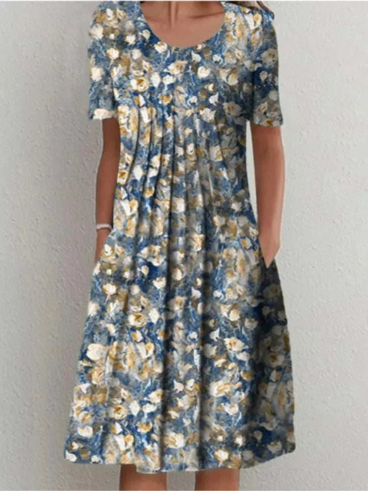 Floral A-line Round Neck Home Dress