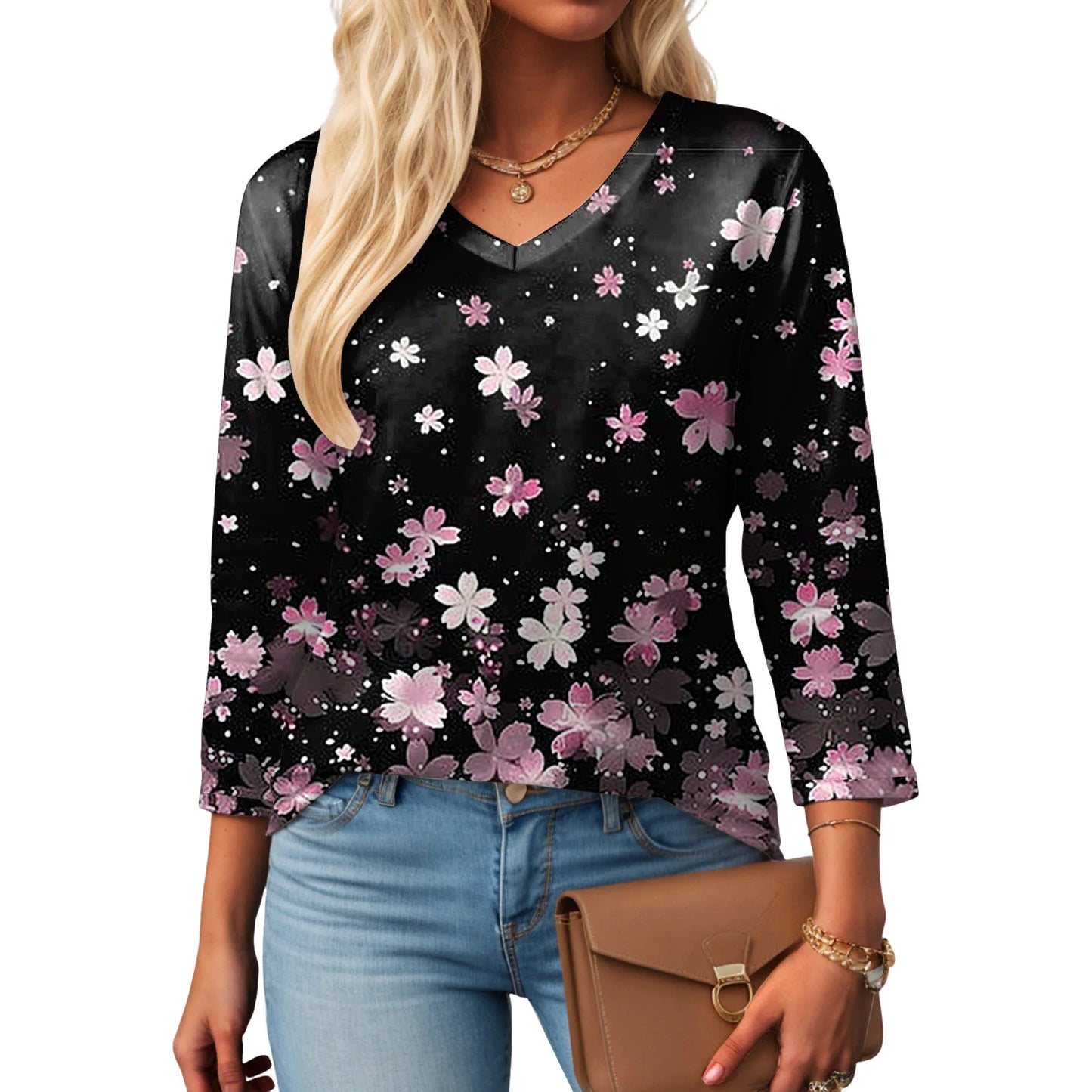 Casual V-Neck Floral Tee
