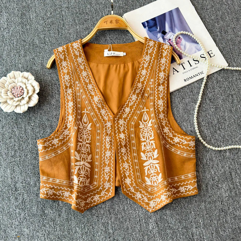 Retro Khaki Embroidered Travel Vest