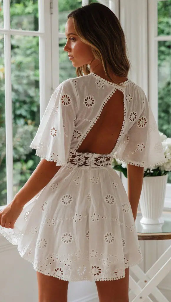 Embroidered Bloom Backless Cotton Dress