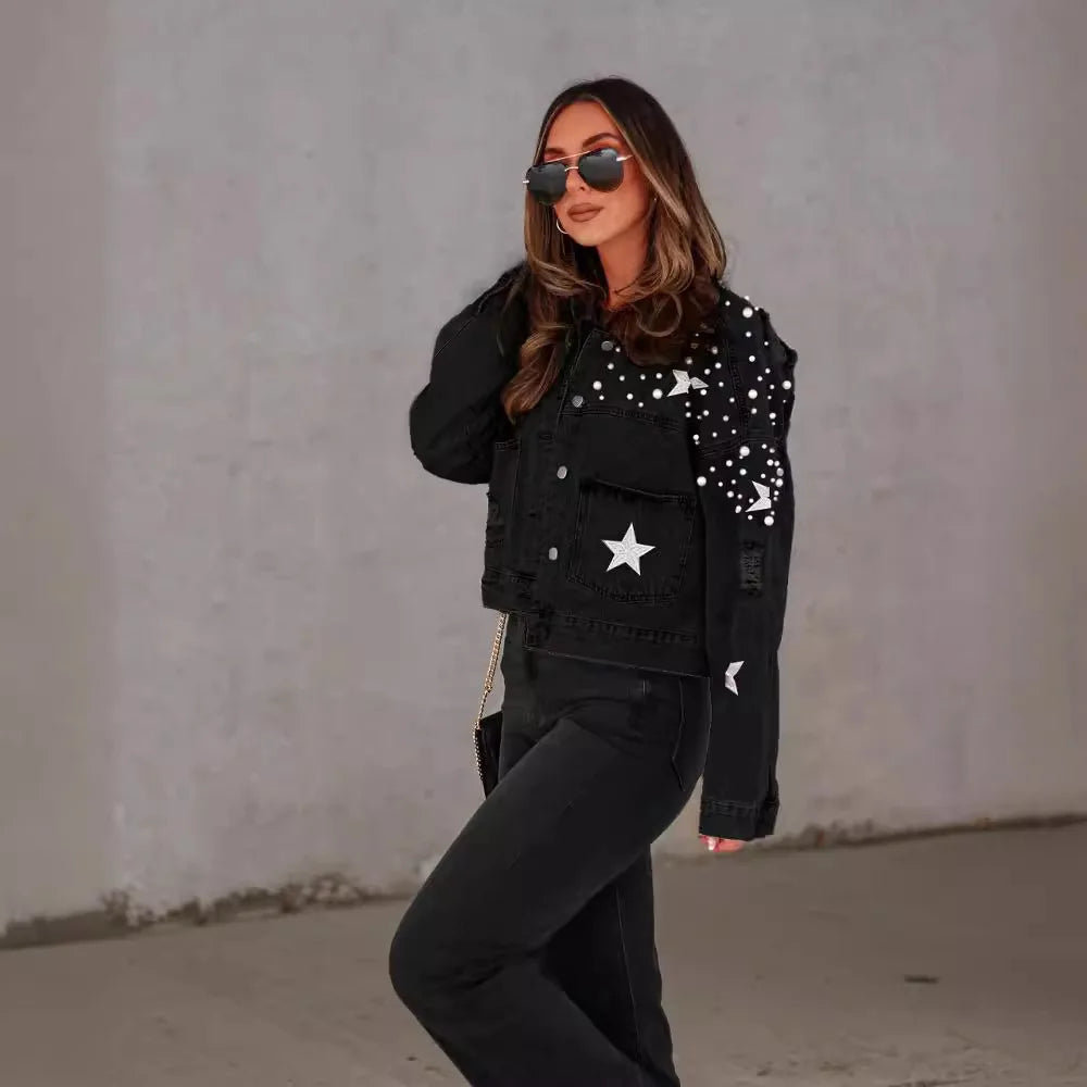 Glam Starry Beaded Denim Jacket