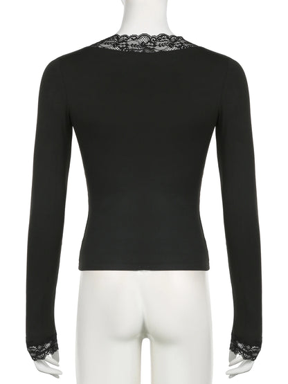 Lace Edge Slim V-Neck Long Sleeve Tee