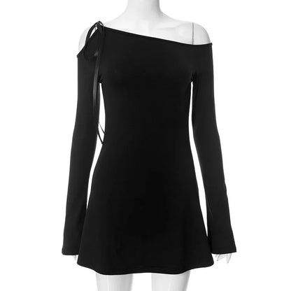 Autumn Slant Collar Dress — Stylish Full Sleeve Mini