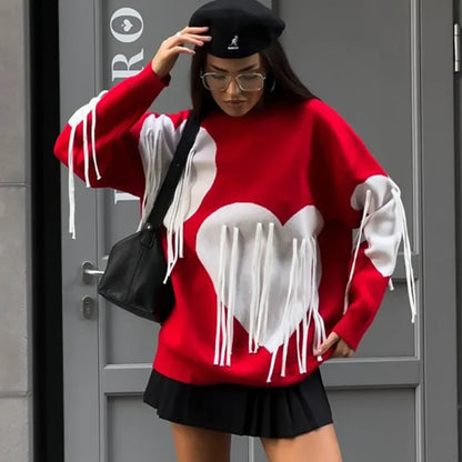 Playful Heart Tassel Sweater