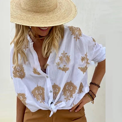 Autumn 3D Print Button-Up Shirt