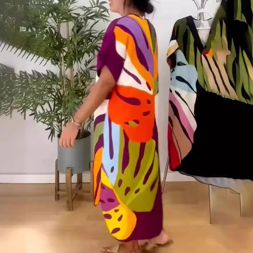 Printed V Neck Loose Summer Dress