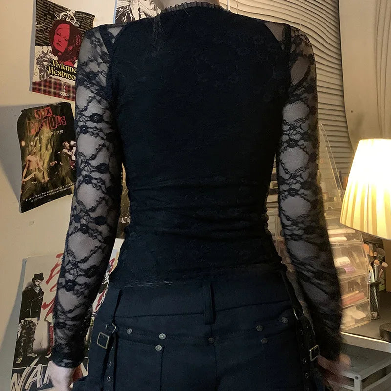 Goth Lace Sheer Patchwork Crop Top
