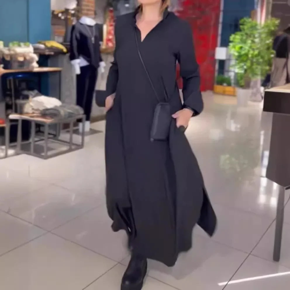 Solid V-Neck Casual Dress