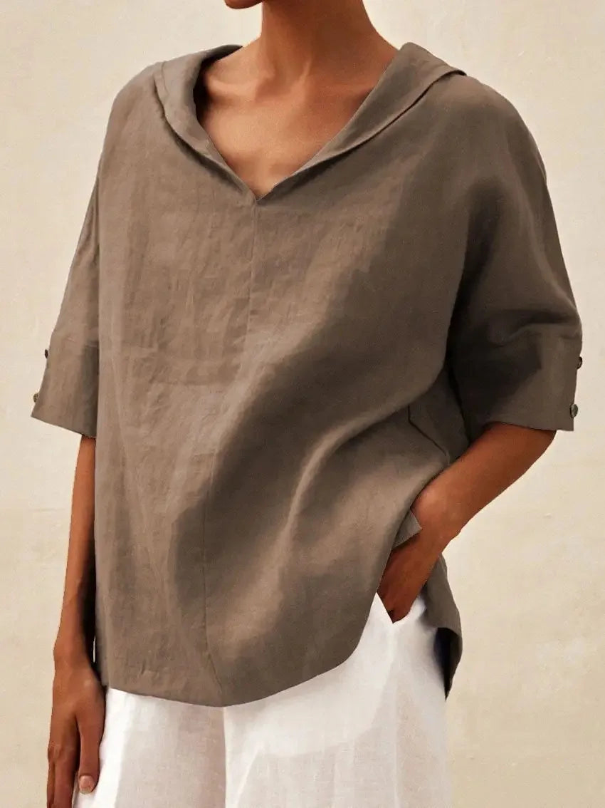 Solid Cotton Linen Hooded Blouse