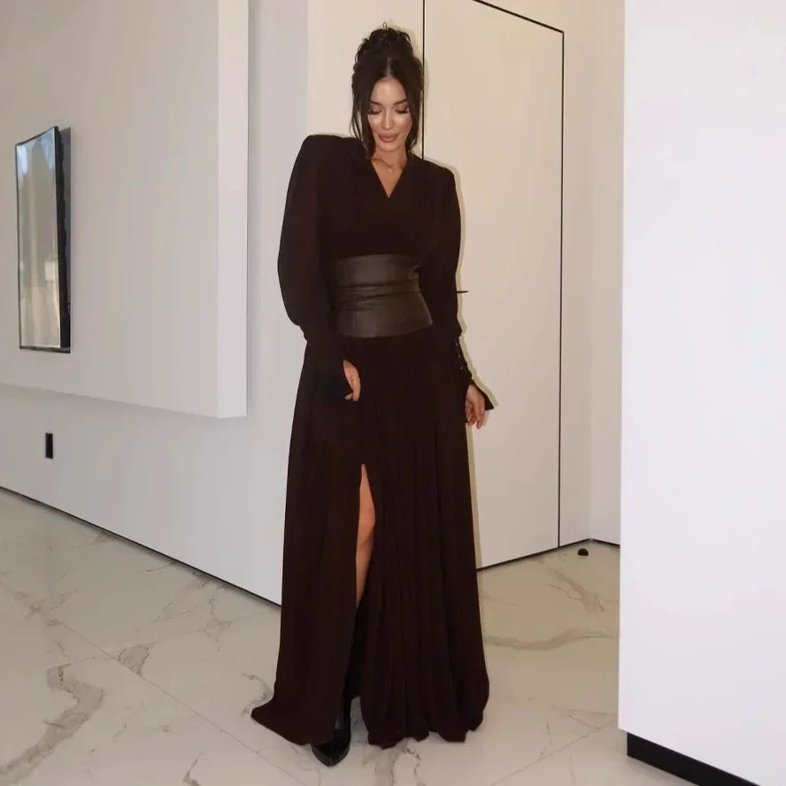 Elegant Waist-Cinch V-Neck Maxi Dress