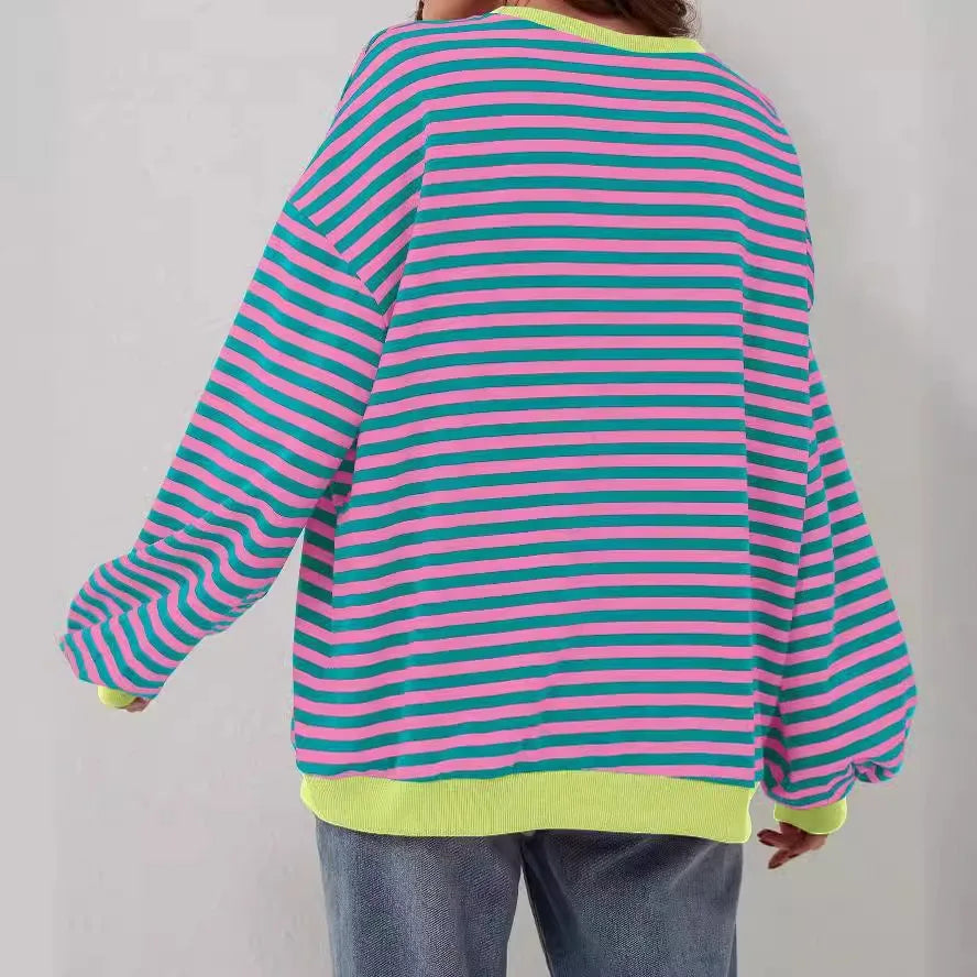 Women's Striped Crew Neck Long Sleeve Pullover Sweater for Fall/Winter Homewear