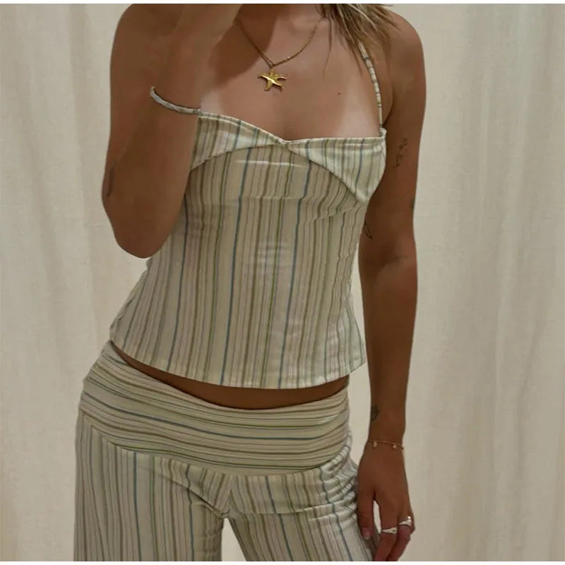 Striped Halter Lace-Up Beach Set