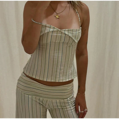 Striped Halter Lace-Up Beach Set