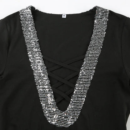 Glam Splice Sequin V-Neck Slim Top