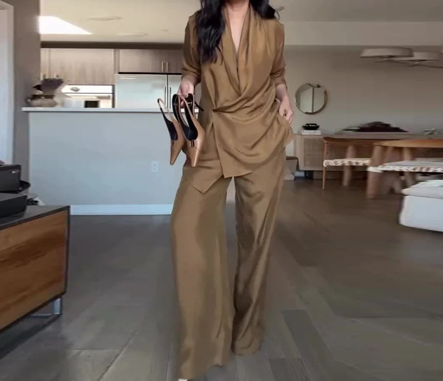 Casual Pleated Blouse Pants Set