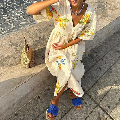 Petal Script V-Neck Maxi Dress