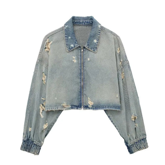 Rogue Bloom Distressed Denim Crop Jacket