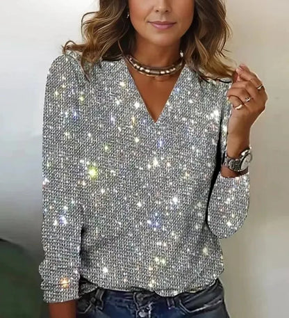 Elegant Women’s Sequin V-Neck Blouse