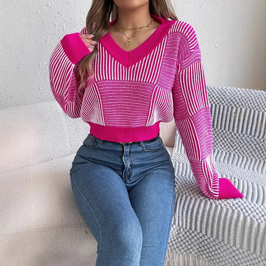Striped Charm V-Neck Crop Sweater