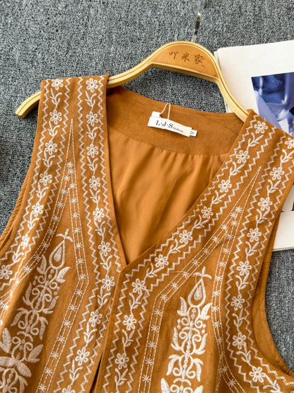 Retro Khaki Embroidered Travel Vest